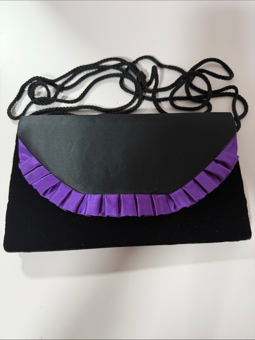 Bloomingdale’s Black Evening Clutch with Purple Ribbon Trim